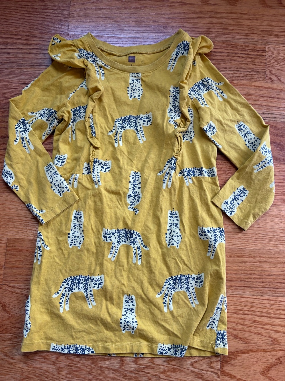 Tea Collection mustard golden yellow cat jaguar dress size 7